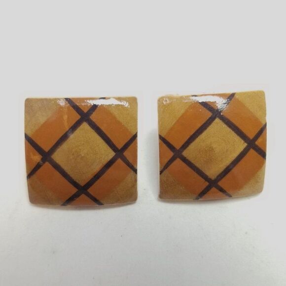 Vintage 70s Style Painted Wood Square Clip On Earrings, Plaid Geometic Pattern - Picture 1 of 5